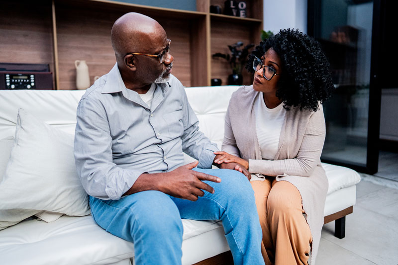 A woman and her father discuss how to prevent senior care mistakes.